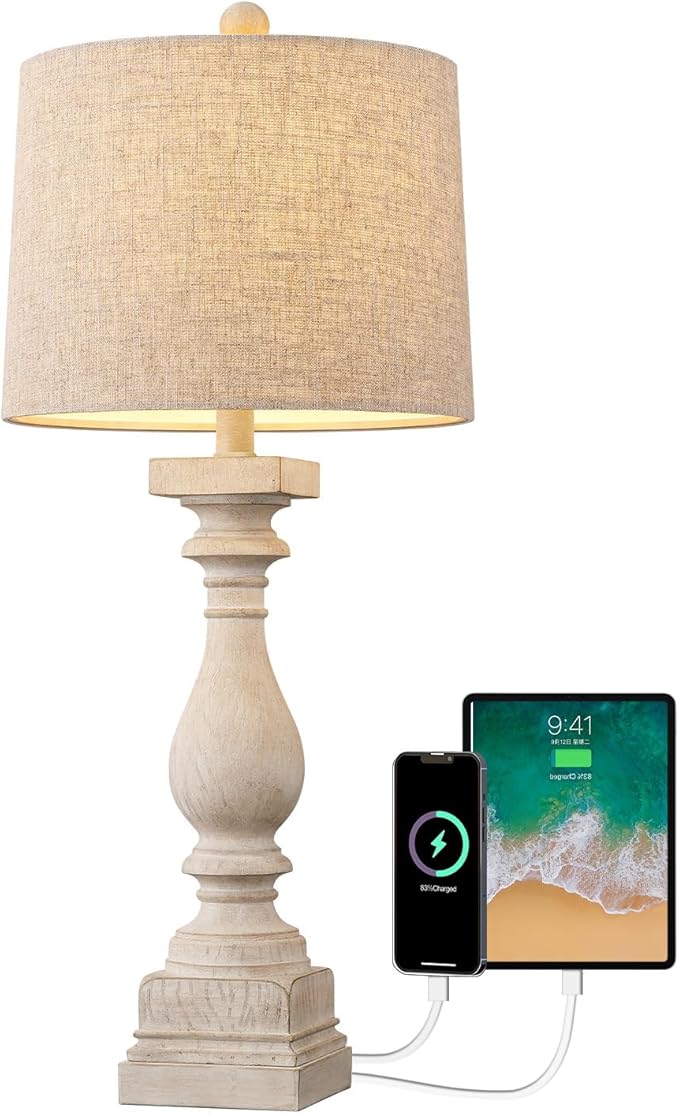 BOBOMOMO Retro 27" USB Charging Ports A/C Wash-White Farmhouse Lamps for Bedrooms Side Table Lamps Bedside Lamp for Nightstand Living Room 1 Pack (Blubs not Included)