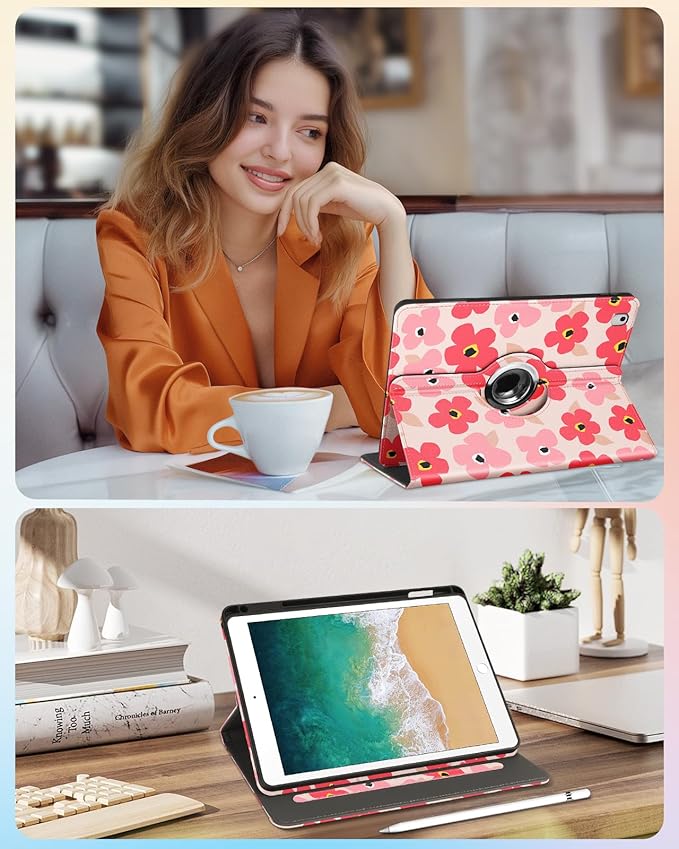 Kidcube for iPad 5th Generation Case 2017/Air 1st 2013/Pro 9.7 Inch Case 2016 - Women Girls Kids Cute Rotating Stand Folio Cover with Pencil Holder & Card Slot Girly Kawaii Floral Flower Design Cover