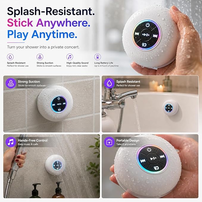Bluetooth Shower Speaker with LED – Portable Wireless Mini Speaker with Mic & Suction Cup, IPX4 Water Resistant for Shower, Travel, Pool, River Floating, and Outdoor Fun (White)