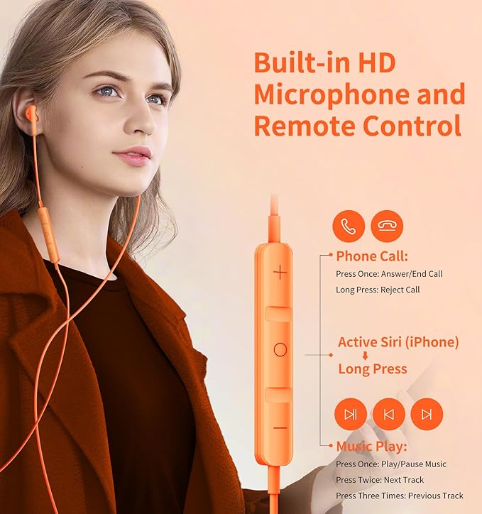 Kimwood Wired Earbuds with Microphone, Wired Earphones in-Ear Headphones HiFi Stereo, Powerful Bass and Crystal Clear Audio, Compatible with iPhone, Android, Computer Most with 3.5mm Jack(Orange)