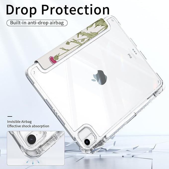 for ipad air 11 inch Case (M3 2025, M2 2024), ipad air 5th/4th Generation Case 10.9", ipad Pro 11 inch Clear Cover 4th/3th/2th/1st Gen, Trifold Stand with Pencil Holder, Wildflower
