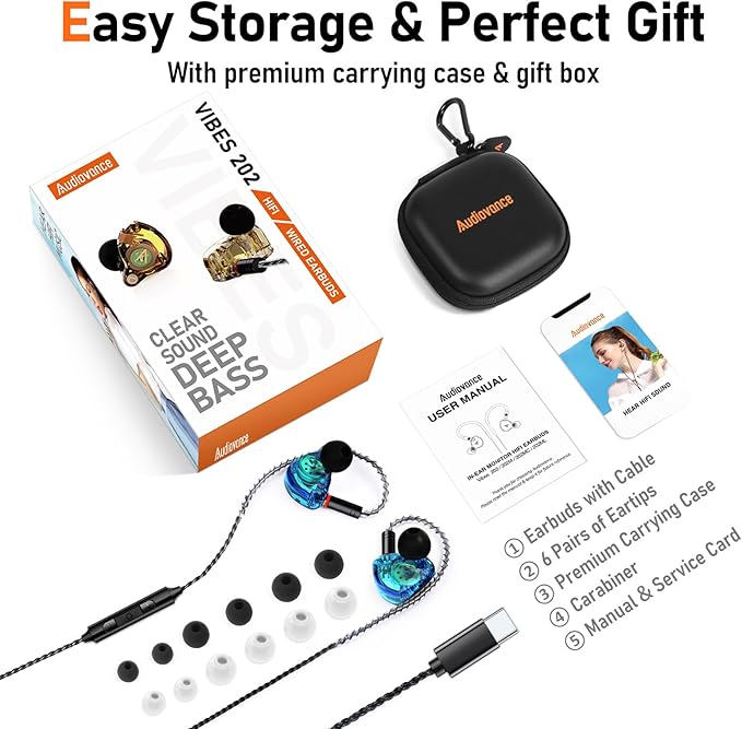 Vibes 202MC USB-C Wired Earbuds - USBC HiFi in Ear Headphones for iPhone 17/16/15 - Noise Isolating Ear Buds w/ Mic - Clear Sound, Deep Bass & Comfort-Fit Earphones - Silver Plated Cord, Carrying Case