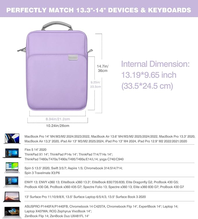 MoKo 13.3-14 Inch Laptop Sleeve Bag Fits Mac Neo 13-inch A18 Pro, Mac Pro 13.3" M2 2022/M5/M5 Pro/M5 Max 14.2" 2026, Mac Air 13.6" M5 2026, Handle Carrying Case with Shoulder Strap, Purple