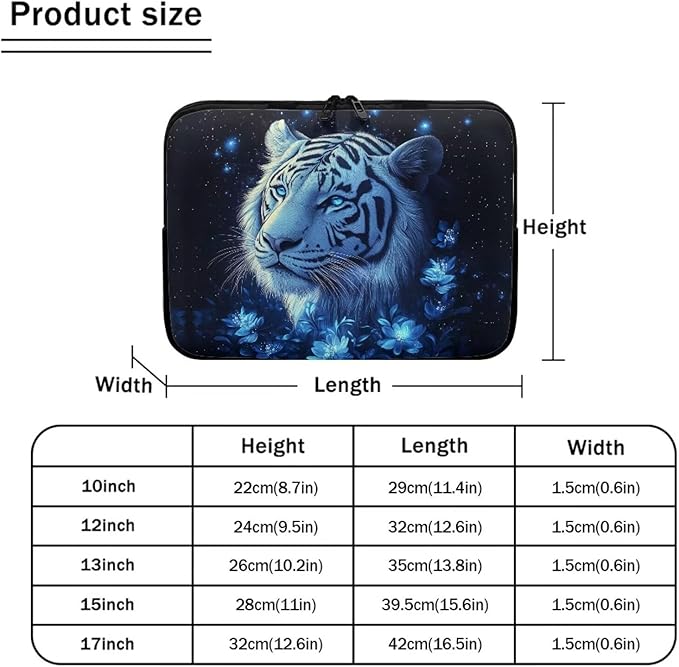Tiger Laptop Protective Sleeve for Women 12inch Lap Top Case Portable Computer Sleeve Slim Laptop Protector Flower Zippered Pouches for Travel Office Business Laptop Carrying Case Black