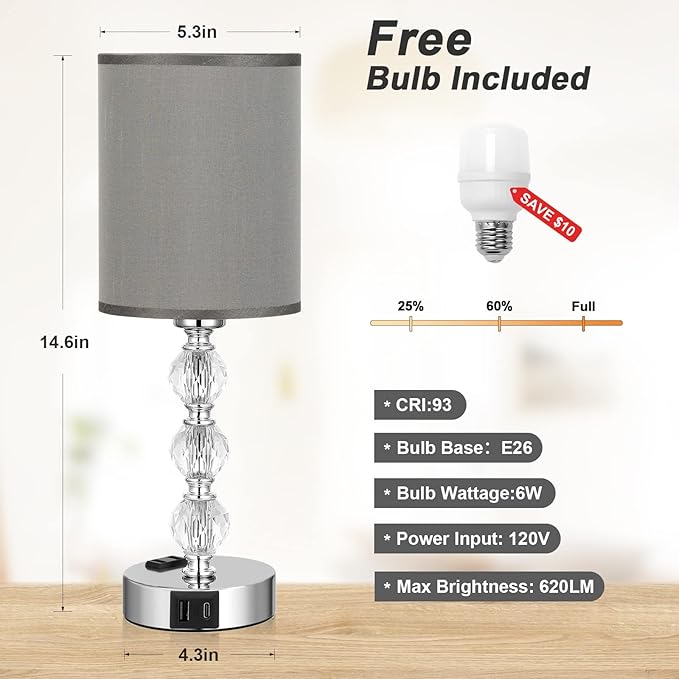 Grey Touch Bedside Lamps for Bedrooms - Crystal Table Lamp with USB C+A Charging Port and AC Outlet Nightstand, 3 Way Dimmable Silver Small End Side Table Lamp for Living/Guest/Dinning Room/Kitchen