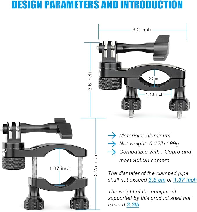 Bike Handlebar Mount forGopro Hero 13 12 11 10 9 8 DJI Osmo Insta360 AKASO and Other Action Camera 360-degree Rotation for 0.6-1.38 inch All-Aluminum Bicycle Motorcycle Handlebar Selfie Stick