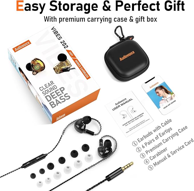 Vibes 202M Wired Earbuds - HiFi in Ear Monitor Headphones - Noise Isolating Ear Buds w/ Mic - Clear Sound, Deep Bass & Comfort-Fit Gaming Earphones - MMCX to 3.5mm & Silver Plated Cord, Carrying Case