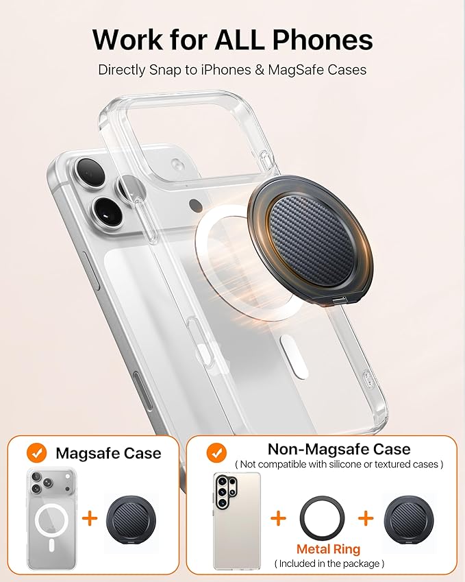 andobil [2026 Ultra-Thin] Magnetic Phone Grip for MagSafe [360° Rotate] Magnetic Cell Phone Ring Holder & Kickstand for MagSafe Accessories & iPhone 17 Air 16 Pro Max Plus 15 14 13 12, Carbon Fiber