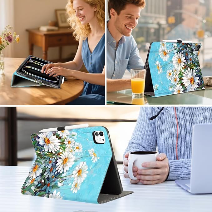 Vimorco for iPad Pro 13 Inch Case, for iPad Air 13 Inch Case, Fit for iPad Pro 12.9 Cases 6th/5th/4th/3th Generation 5 Stand Angles/Typing Stand/Pencil Holder/Card Pockets, White Daisy Flowe
