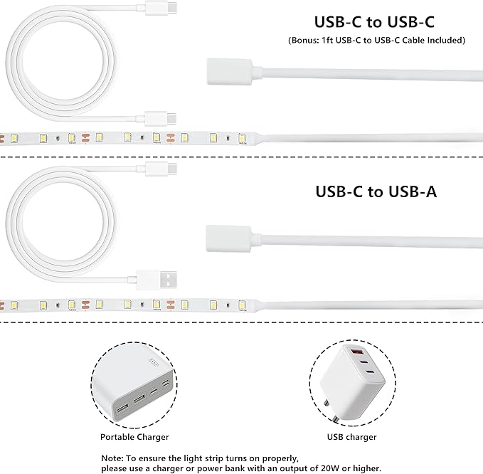 USB C 12V LED Strip Lights 16.4ft, Bright Under Cabinet Lighting for Kitchen, TV Backlight & RV Camper, Flexible Tape Light for 3D Printer & Desk