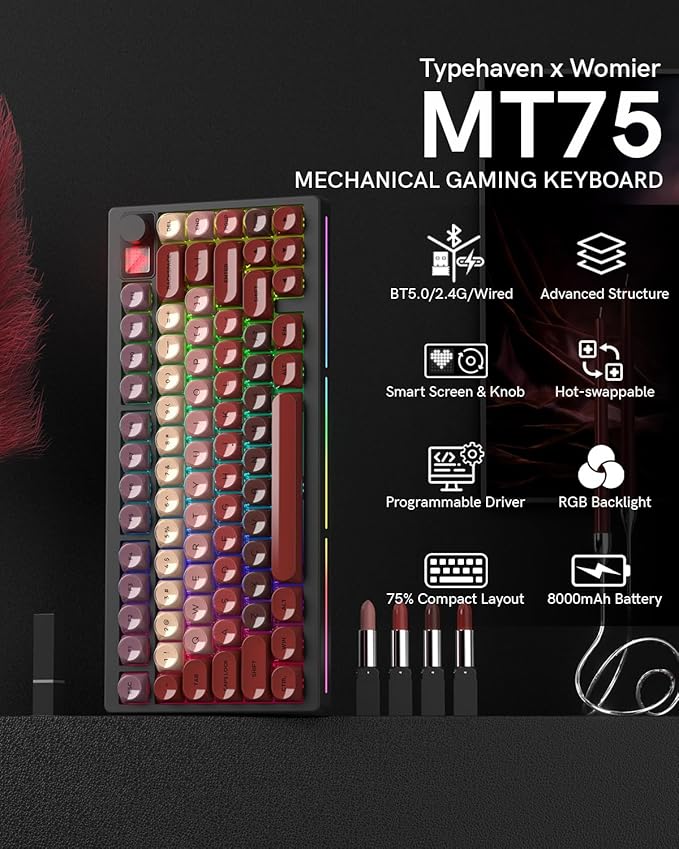 MT75 Lipstick Wireless Mechanical Keyboard, 75% Layout, Hot Swap Gasket Custom Structure, Creamy Pre-lubed Switches Gaming Keyboard with MOA Jelly Keycaps, RGB Backlit, BT5.0/2.4G/USB-C Mode
