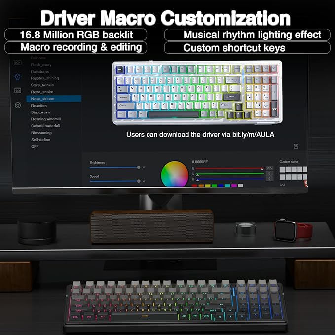 AULA F99 Wireless Mechanical Keyboard,Gasket Structure Hot Swappable Custom Keyboard,RGB Backlit,Creamy Sound,Side Printed PBT Keycaps,2.4GHz/USB-C/BT5.0 Computer Gaming Keyboards
