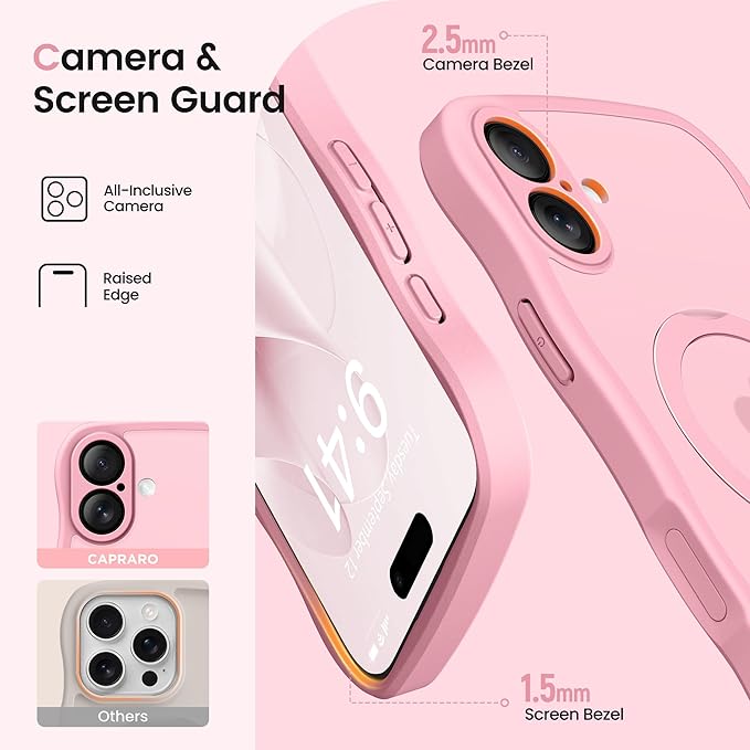 CAPRARO for iPhone 16 Case with 360° Spin Magnetic Stand for Women, [Compatible with MagSafe] [Full Camera Protection] Cute Wave Translucent Matte Case for iPhone 16, Peach Pink