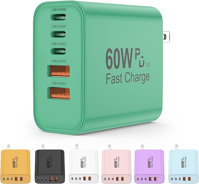 USB C Charger Block, 60W 5 in 1 Charging Blocks, PD 3.0 Fast Charger, QC 2A Green Wall Plug Multiport Type C Charging Block for iPhone 17 16 15 14 13 12 Pro Max, iPad, iPod, Samsung, AirPods Pro