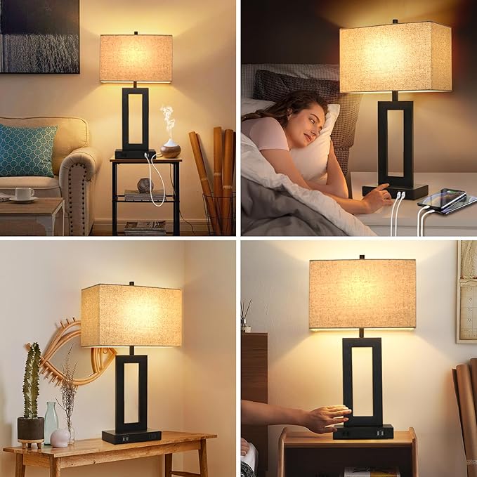 TOBUSA 28’’ Tall Lamps for Living Rooms Set of 2, Modern Black Touch Control Table Lamps for Bedroom, 3 Way Dimmable Bedside Lamps with 2 USB Ports&AC Outlet, High-end Decor Lamp for Home Office