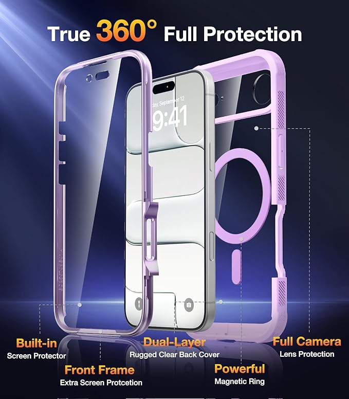 Diaclara Magnetic Designed for iPhone Air Case Full Body Bumper,[Compatible with MagSafe] Military Drop Proof Cover with Built-in Touch Sensitive Anti-Scratch Screen Protector for iPhone 17 Air Purple