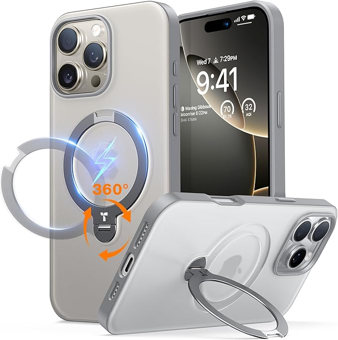 TORRAS 360 Spin Magnetic Stand for iPhone 16 Pro Max Case, Fit for MagSafe, 12FT Mil-STD Shockproof Case for 16 Pro Max Phone Case with Kickstand Rotatable, Grey, 6.9 inch