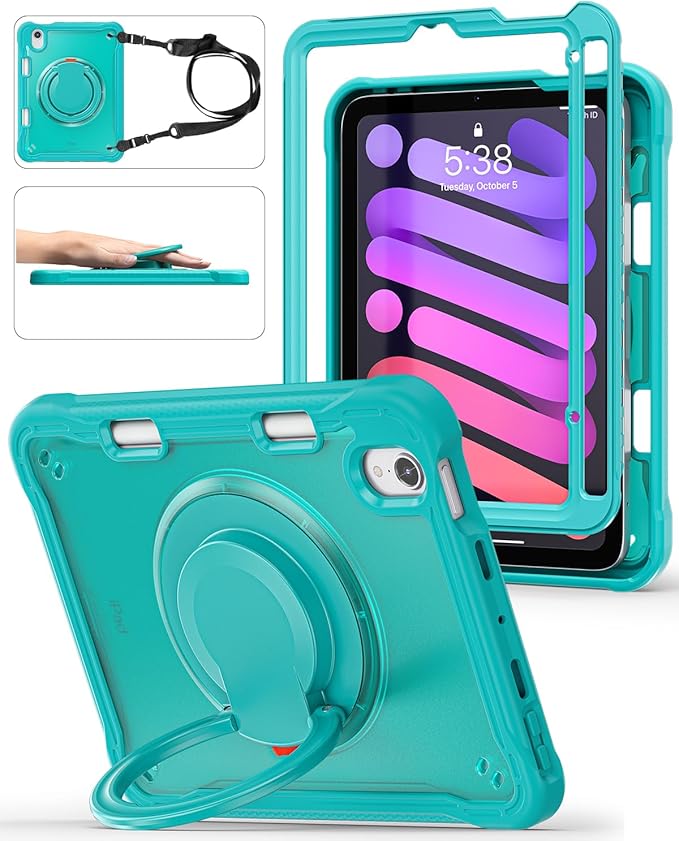 BRAECN for iPad (a17 pro) Mini 7/Mini 6 Case 2024/2021 8.3 inch with Pencil Holder Protective Clear Ring Handle 360 Rotating Stand Shockproof Dropproof Rugged Carrying Shoulder Strap Kids Friendly