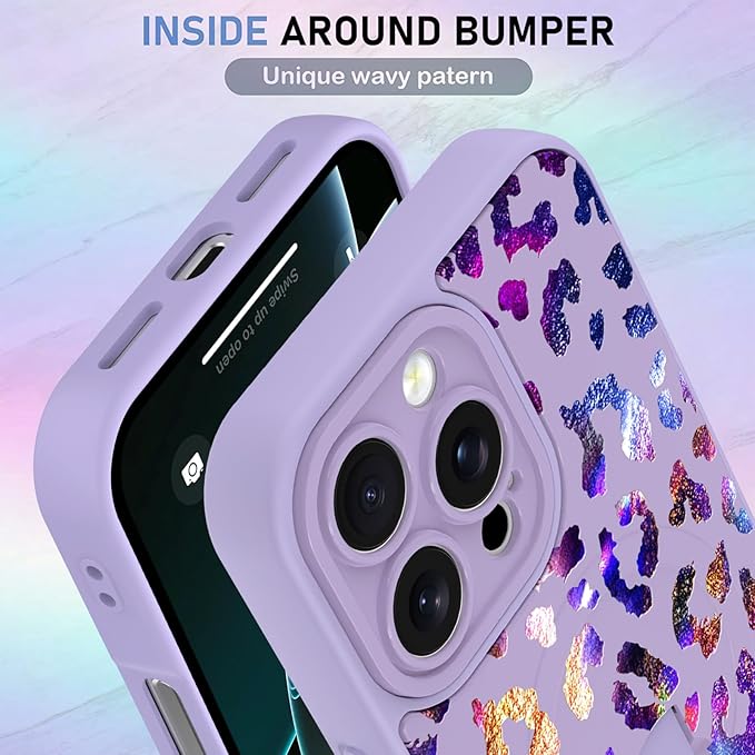 KANGHAR Compatible with iPhone 16 Pro Max Case, Support for MagSafe, Silicone Cute Iridescent Leopard Cheetah Pattern, Wristband Kickstand Shockproof Protective Slim Cover for Women Girls, Purple