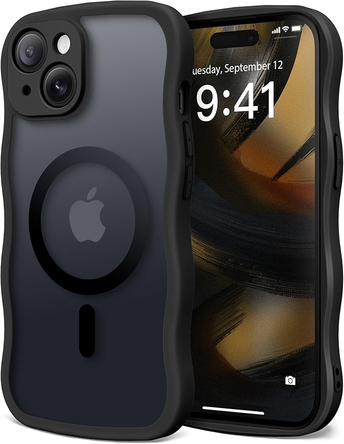 CAPRARO Cute for iPhone 15 Case, Compatible with MagSafe, [Curly Wave Edge] [Full Camera Protection] [14 FT Drop Protection] Magnetic Phone Case for 15 6.1 Inch, Black