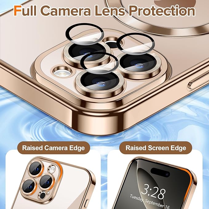 Hython Magnetic Clear for iPhone 16 Pro Max Case with Camera Lens Protector [Compatible with MagSafe] Plating Edge Slim Soft TPU Cover Protective Phone Case for iPhone 16 Pro Max 6.9", Desert Brown
