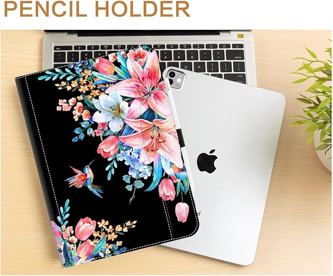 Vimorco for iPad Air M4/M3/M2 11 Inch Case 2026,for iPad Air 5th/4th Gen Cases,for iPad Pro 11 Inch Case 4th/3rd/2nd/1st Generation 360 Degree Rotating Pencil Holder 5 Viewing Angles,Black Flower Bird