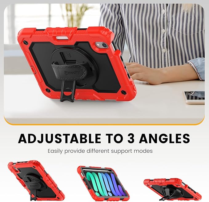 Timecity Case for iPad mini 7th/6th Generation 8.3 inch, Case for iPad mini 7/6 for Kids with Screen Protector Pencil Holder Swivel Stand Hand/Shoulder Strap Drop-Proof Cover for Mini A17 Pro- Red