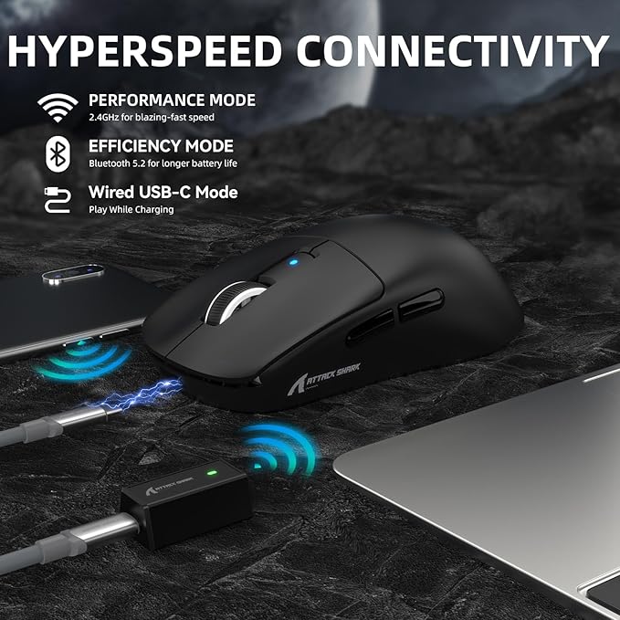 ATTACK SHARK R6 39g Superlight Wireless Gaming Mouse,PixArt PAW3950MAX 42000 DPI,MCU Nodic 52840 Computer Mouse,8K Polling Rate Web Driver,BT/2.4Ghz/Wired Tri-Mode Mice with Coiled Cable-Black
