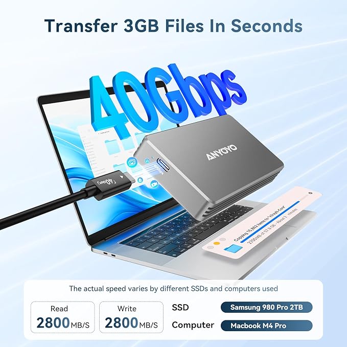 ANYOYO 40Gbps M.2 NVMe SSD Enclosure with Aluminum Alloy Heat Dissipation, No Noise External SSD Case Compatible for Thunderbolt 4/3/USB4, Support M/B+M Key SSD, Tool-Free Installation