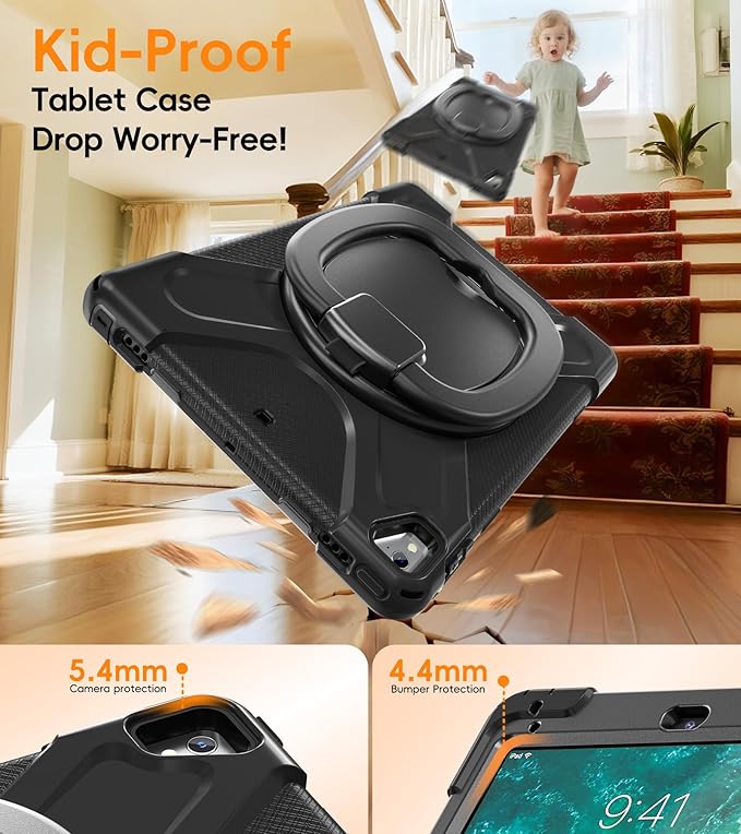 BATYUE Case for iPad 6th Generation 9.7 inch 2018, iPad 5th Gen 2017, iPad Air 2/ iPad Pro 9.7'',Shockproof Protective Cover with Pencil Holder &Rotating Bracket &Shoulder Strap (Black)