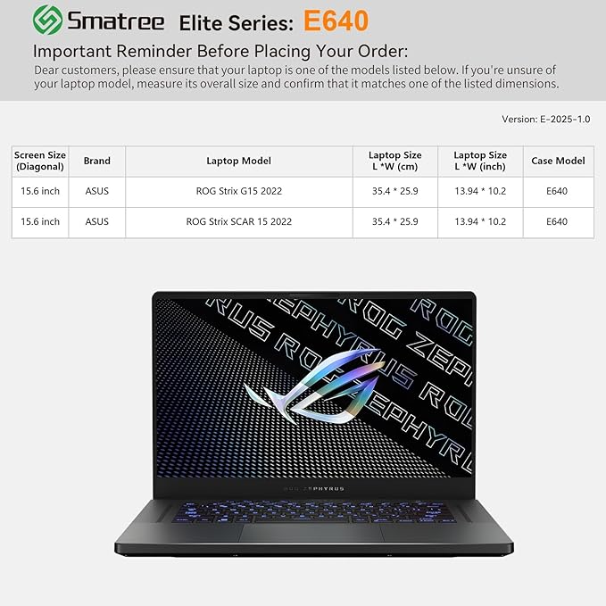 Smatree Laptop Sleeve for 15.6 inch ASUS ROG Strix G15, for 15.6 inch ASUS ROG Strix Scar 15 2022, Protective Computer Case with Accessory Pocket, YKK Zipper, Patented Shockproof Design (E640)