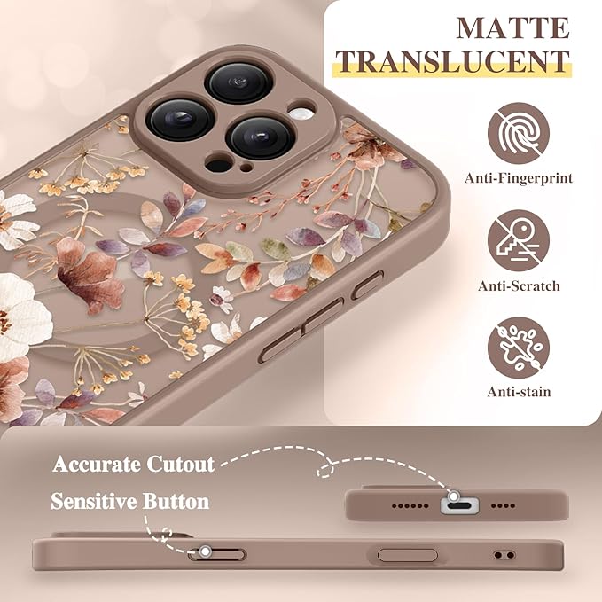 GVIEWIN for iPhone 16 Pro Case Compatible with MagSafe, [Military Grade Protection] [Screen Protector] Full Camera Protection Floral Translucent Women Magnetic Phone Case, Corn Poppy/Brown