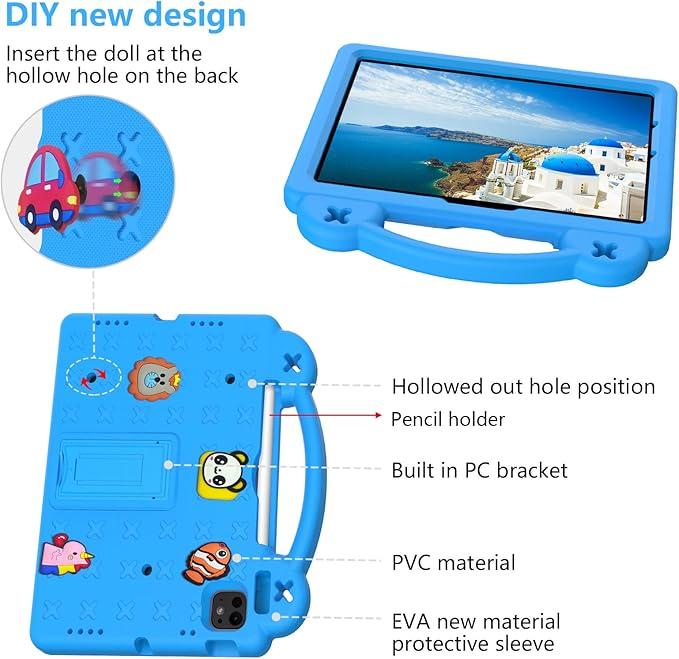 for iPad Air 11 inch Kids Case M3/M2 (2025/2024) & iPad Pro 11 Inch M4 Case 2024 with Pencil Holder/Handle/Kickstand Cute DIY Soft EVA Shockproof Stand Lightweight Tablet Cover,Sky Blue Bear
