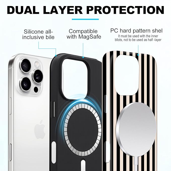 Magnetic for iPhone 13/14 Case Cute Stripes Phone Case, Shockproof Slim TPU and Hard PC Protective Phone Cover Compatible with MagSafe Designed for Women Girls, Black and White