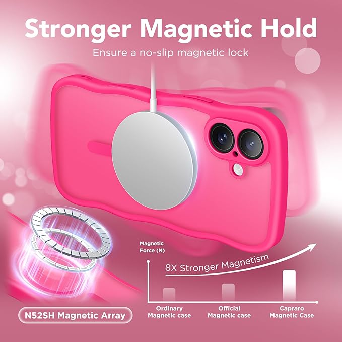 CAPRARO for iPhone 16 Case for Women Girls, Upgraded [Full Camera Protection] [Compatible with MagSafe] Cute Wave Translucent Matte Phone Case for iPhone 16, Hot Pink