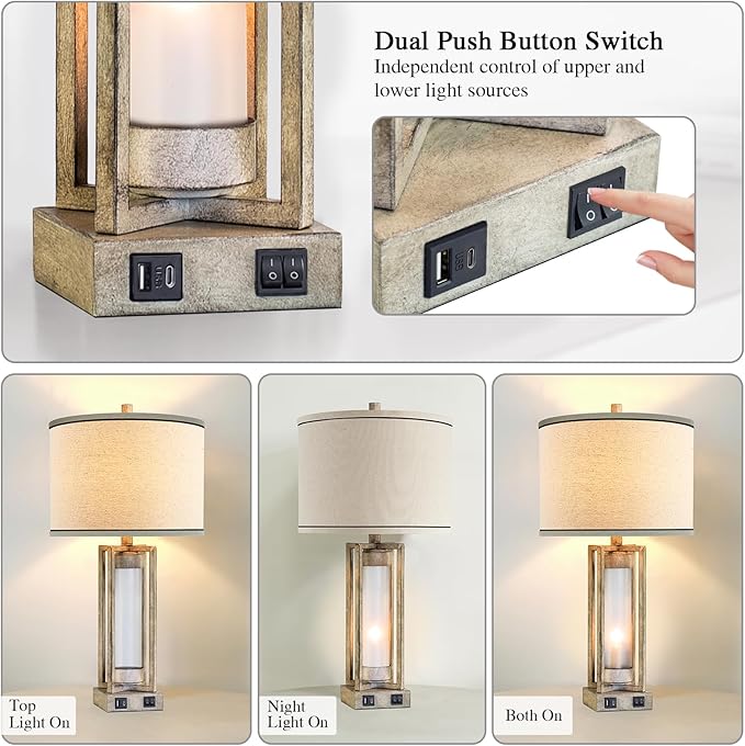 25" Set of 2 Farmhouse Table Lamps for Living Room with USB A+C Ports, Rustic Nightstand Lamp with White Night Light, Vintage Desk Lamp for Entryway Bedroom End Table, 4 Bulbs Included