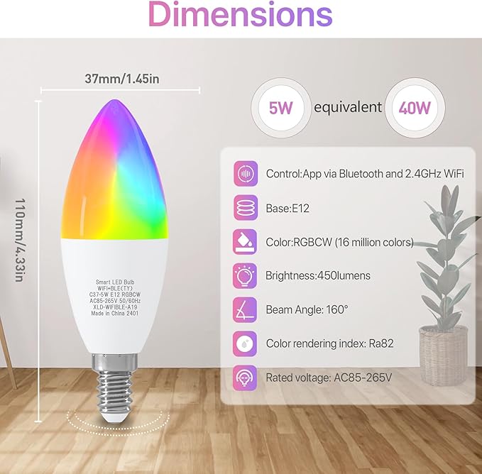 ORALUCE Smart Light Bulbs, WiFi＆Bluetooth E12 Smart Bulbs That Work with Alexa Google Home Compatible, 40W Equivalent Type B LED Light Bulb, RGBCW 2700-6500K Color Changing, 5W 450LM, 4Pack, (C37-5W)