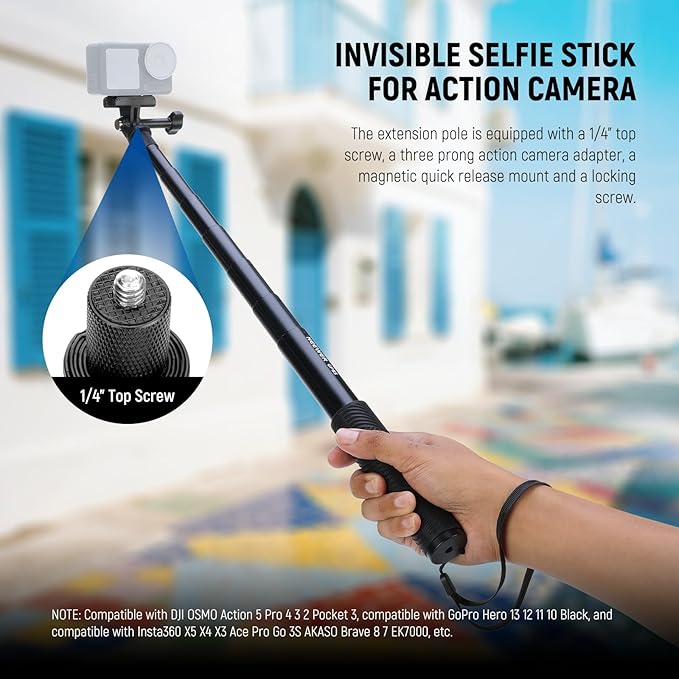 NEEWER Extension Rod Kit Compatible with DJI OSMO Action 5 Pro 4 3 GoPro Insta360 AKASO, 47.6" Invisible Selfie Stick, Action Camera Adapter & Magnetic Quick Release Mount for Video Recording, GP-85