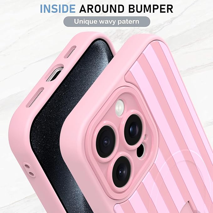 KANGHAR Compatible with iPhone 15 Pro Case, Support for MagSafe, Silicone Stripes Cute Pattern, Wristband Kickstand Camera Protection Soft Slim Cover for Girls Women -Pink