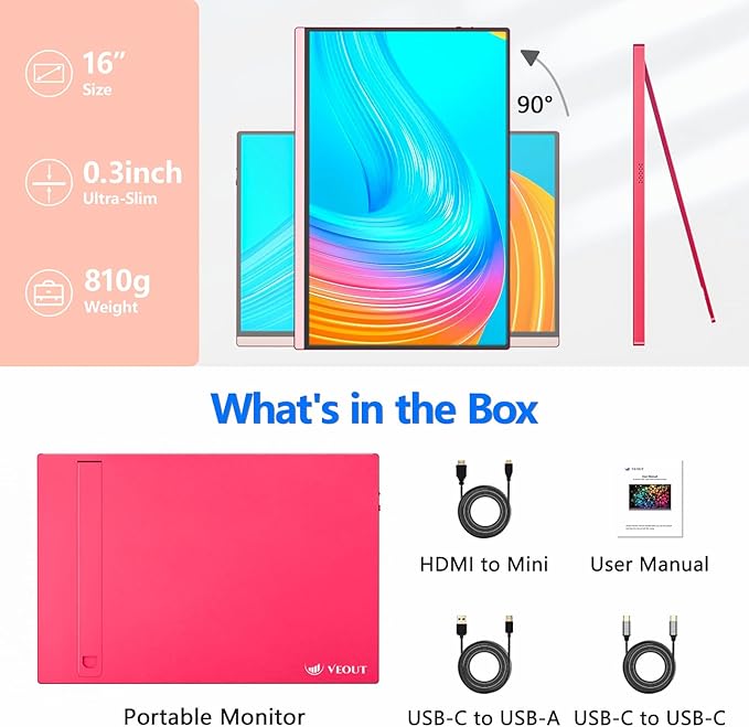 Veout 16Inch Pink Portable Monitor for Laptop, 1920x1200P IPS 16:10 Computer External Screen, 100% sRGB Stand Support Freesync, for Girl Phone, PC Home Use