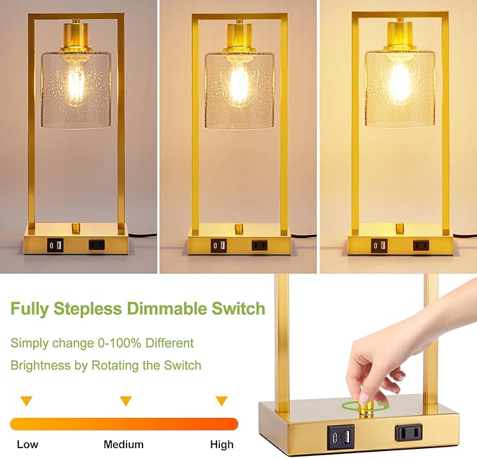 16" Desk Lamps for Home Office, Bedside Lamps with USB C+A Ports and Outlet, Gold Fully Stepless Dimmable Industrial Table Lamps with Seeded Glass Shade for Reading Living Room, LED Bulbs Included