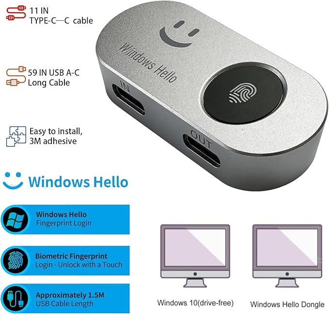 Portable USB Fingerprint Reader for Windows 10/11 PC and Laptops, Windows Hello Biometric Scanner, 360° Touch, Fast Login (<1 Second), Type-C Fingerprint Reader with Security Key.