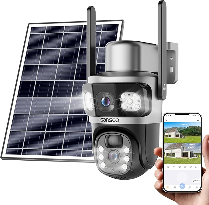 SANSCO 2K Dual Lens Solar Security Camera Wireless Outdoor, 2.4G & 5G WiFi, 360° PTZ Home Security Camera, 100% Wired Free, Spotlight Color Night Vision, 2-Way Audio, PIR Motion Detection, APP Alerts