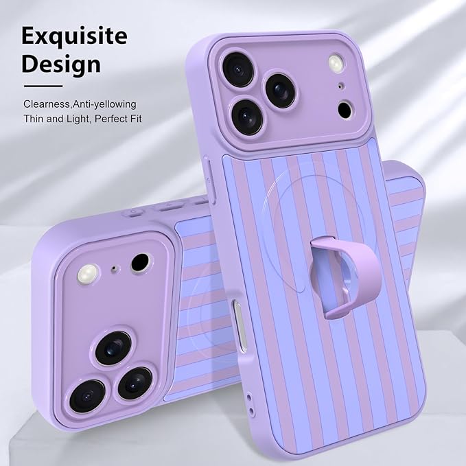 KANGHAR Compatible with iPhone 17 Pro Case, Support for MagSafe, Silicone Stripes Cute Pattern, Wristband Kickstand Camera Protection Soft Slim Cover for Girls Women -Purple