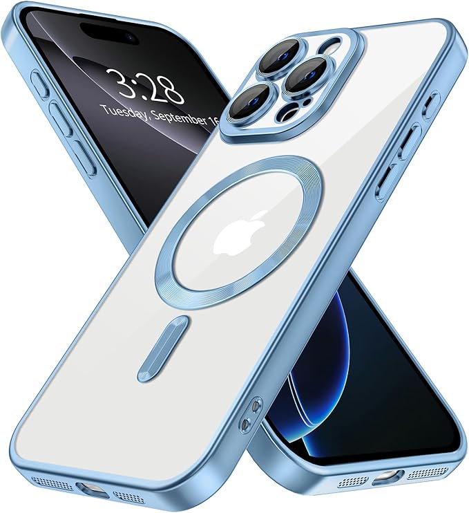Hython Magnetic Clear for iPhone 16 Pro Case with Camera Lens Protector [Compatible with MagSafe] Luxury Plating Edge Slim Soft TPU Cover Protective Phone Case for iPhone 16 Pro, Matte Light Blue