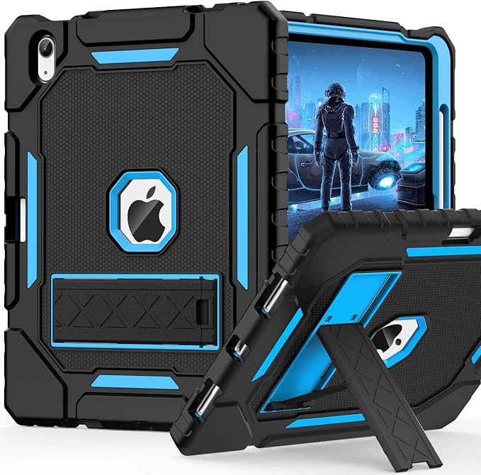 ZoneFoker Case for iPad (A16) 11th/10th Generation 11/10.9 inch 2025/2022, Heavy Duty Military Grade Shockproof Rugged Cover with Pencil Holder/Stand for i Pad 11th / 10 th Gen (Black+SkyBlue)