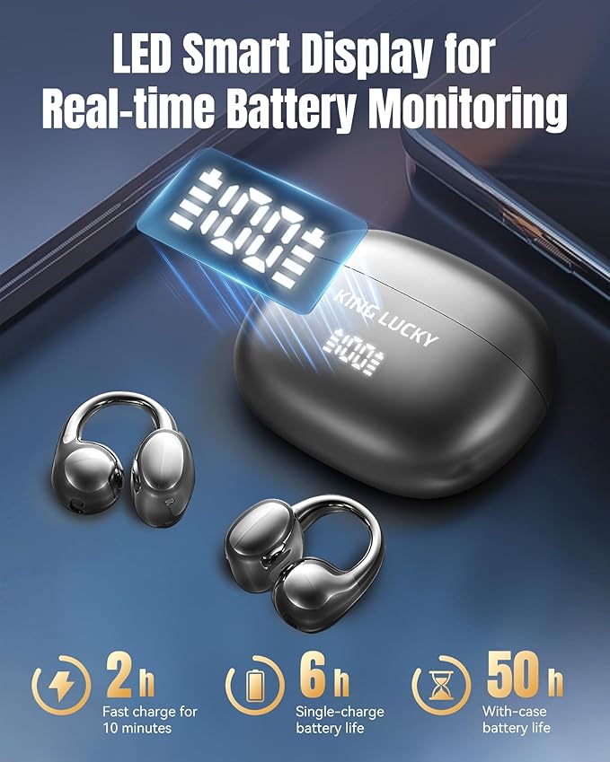 King Lucky Clip-On Earbuds Gen 3, Open-Ear Wireless Bluetooth 6.0 Headphones with Mic, Secure Fit for Small Ears & Glasses Wearers, 50H Playtime, LED Digital Display, ENC, IPX5 Waterproof(Balck)