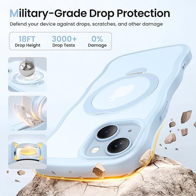 CAPRARO for iPhone 13 Case & iPhone 14 Case with 360° Spin Magnetic Stand for Women, [Compatible with MagSafe] [Camera Protection] Cute Wave Translucent Matte Case for iPhone 13/14, Light Blue