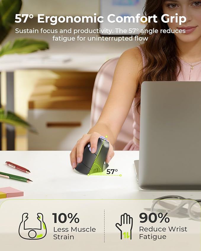 seenda Ergonomic Mouse Wireless, MOU-302 Bluetooth Vertical Mouse Rechargeable, Volume Knob, Silent Mice & 1000/1600/2400 DPI, 3 Multi-Device Connection for Windows/PC/Laptop/Mac/MacBook, Black Purple