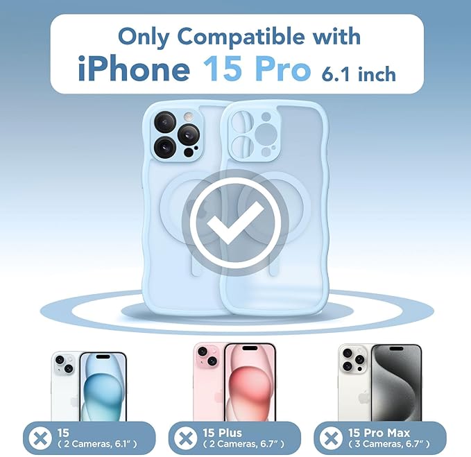 CAPRARO Cute for iPhone 15 Pro Case, Compatible with MagSafe, [Curly Wave Edge] [Full Camera Protection] [14 FT Drop Protection] Magnetic Phone Case for 15 Pro 6.1 Inch, Light Blue